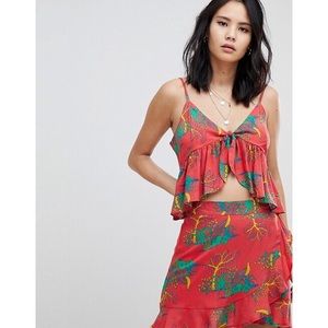 Red Tropical Print Front Tie Cami Top